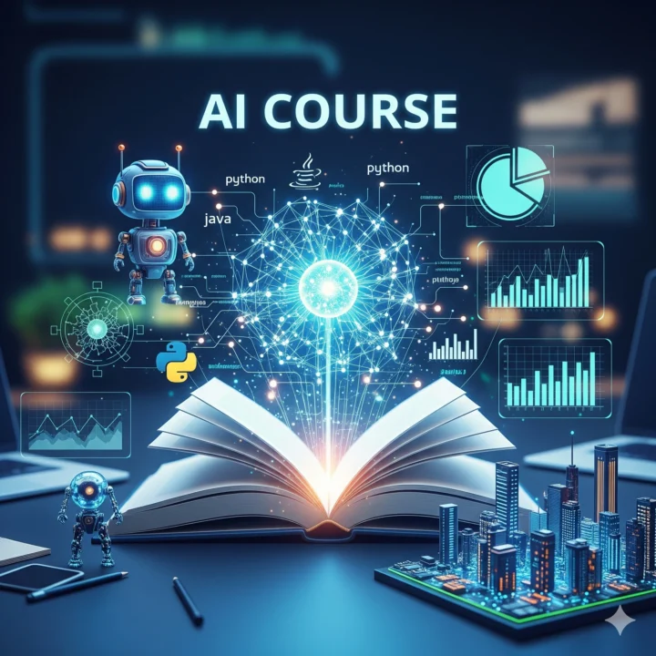 Artificial Intelligence (AI) course in Patna with digital open book, data graphs, programming icons like Python and Java, and futuristic robots for artificial intelligence learning
