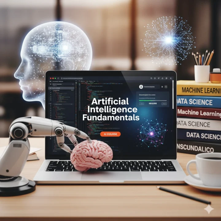 Artificial Intelligence (AI) course in Patna with laptop showing artificial intelligence fundamentals, robot holding brain model, and books on machine learning and data science