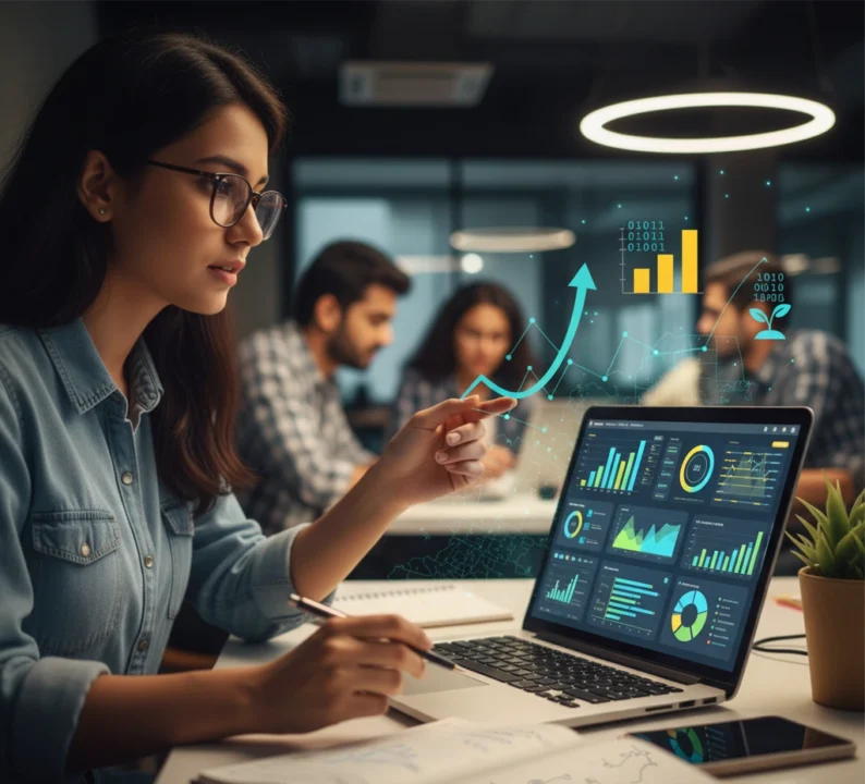 Business Analytics Course in Patna – A professional analyzing data on a laptop to improve business performance and decision-making.