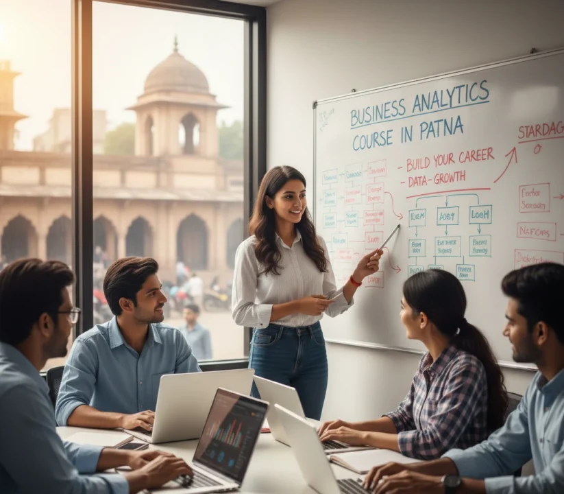 Business Analytics Course in Patna – Students learning together with a mentor explaining concepts on a whiteboard to build data-driven skills.