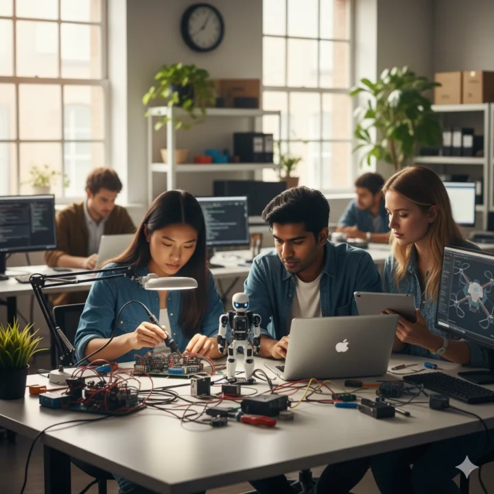 Students working on robotics, coding, and AI projects – Top 10 IT Skills in Demand for the future.
