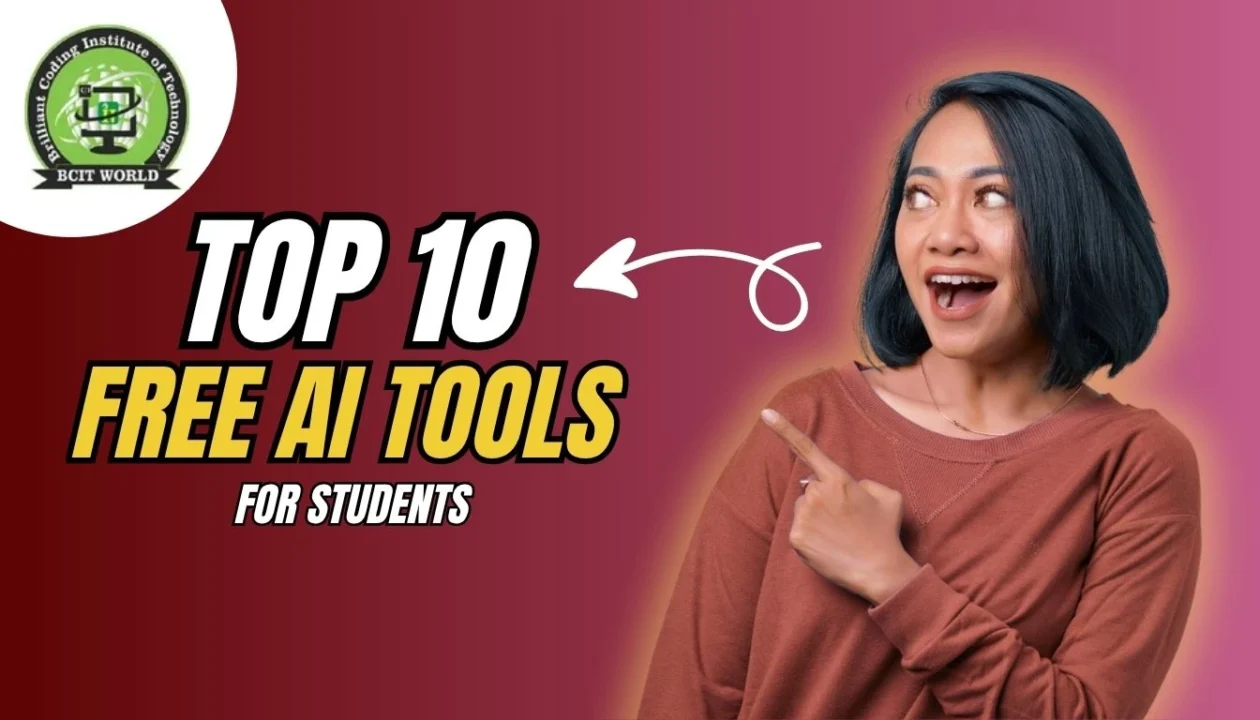 Top 10 Free AI Tools for Students banner showing a woman pointing towards the text with excitement.